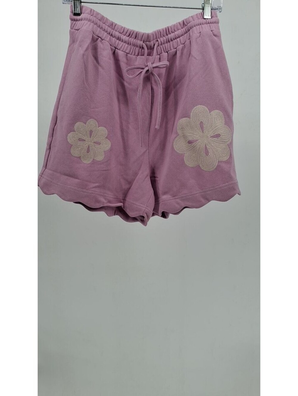 Mystree Floral Embroidered French Terry Shorts in Lavender